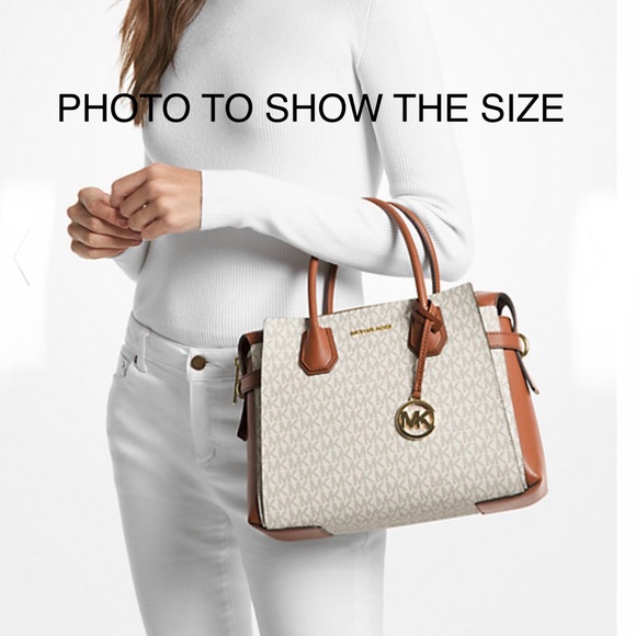 MICHAEL KORS MERCER MEDIUM TOP ZIP BELTED SATCHEL BROWN/ PALE BLUE SIGNATURE - Picture 15 of 16
